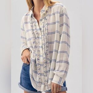 anthropologie pilcro tuxedo ruffle button down shirt medium navy blue wool blend